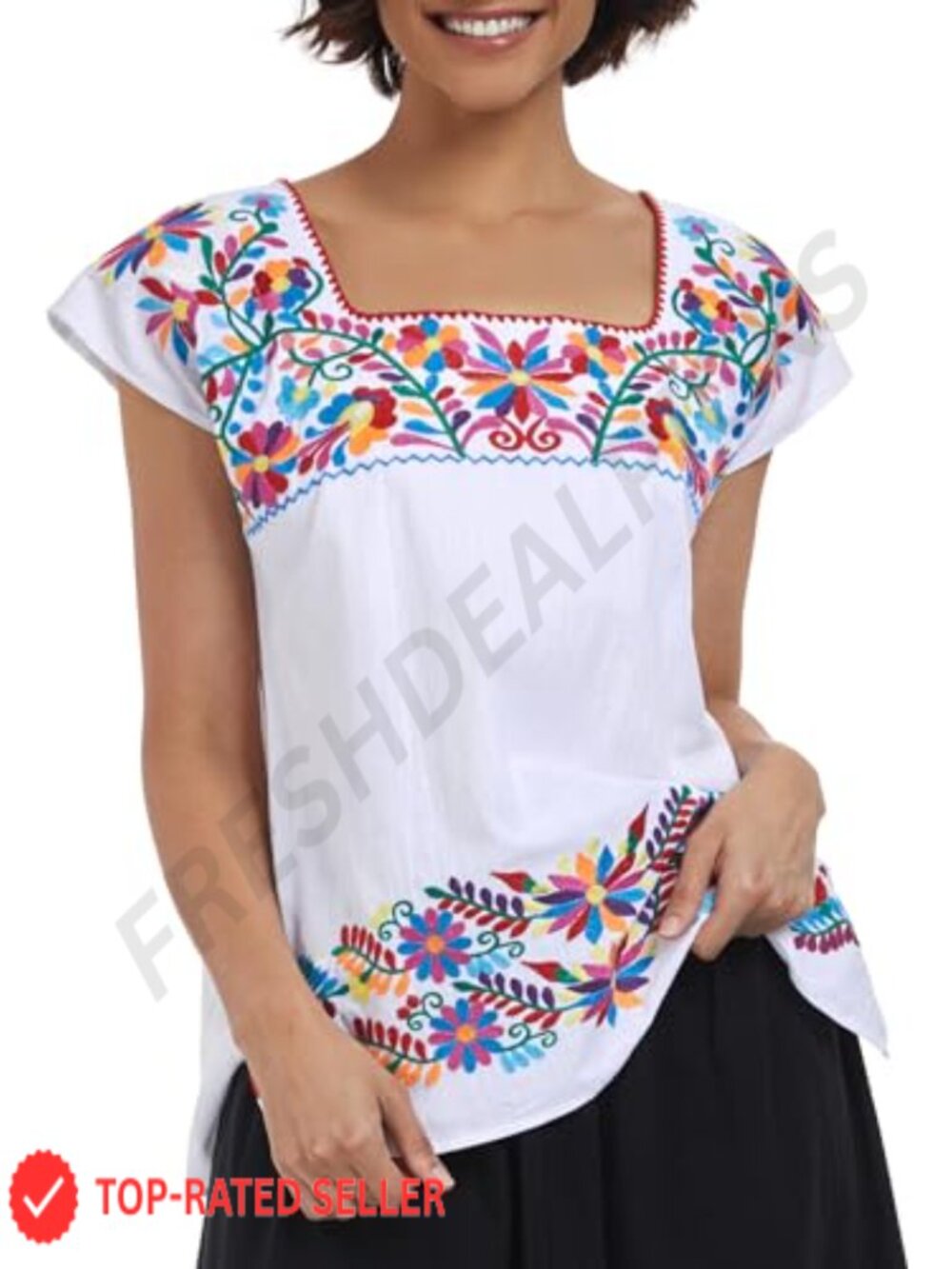 Women's Mexican Embroidered Peasant Blouse Sleeveless Boho Summer Square Neck